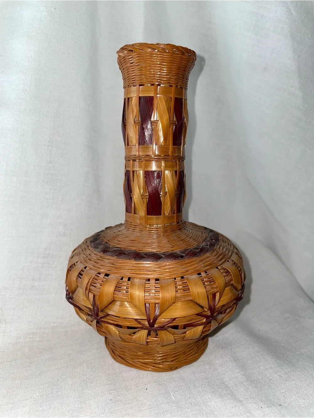 Vintage Chinese Wicker Rattan Basket Bud Vase Geometric Flower Vessel